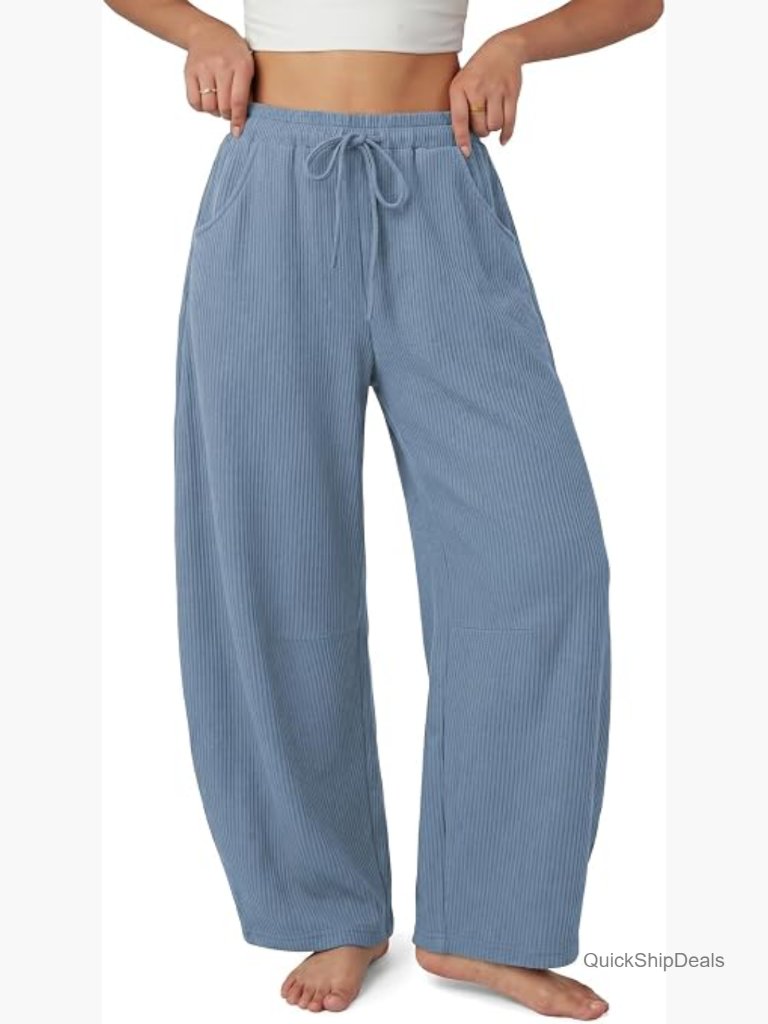 Waffle Knit Wide Leg Barrel Lounge Pants With Pockets